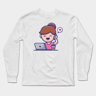 Girl Operating Laptop And Calling By Phone Long Sleeve T-Shirt